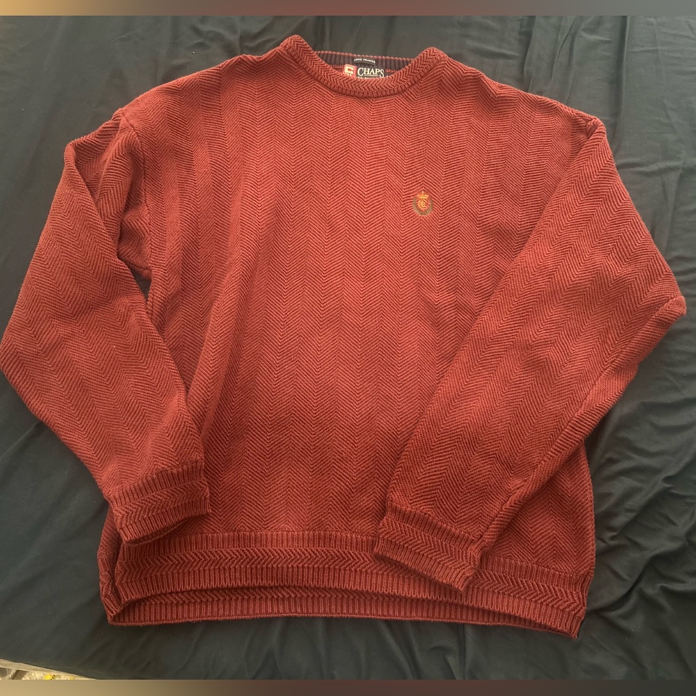 VINTAGE Ralph Lauren Sweater Mens L Red Burgundy Herringbone Hand Framed Chaps